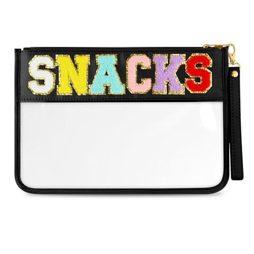 Morcheiong Chenille Letter Bag Cute Cosmetic Bag Clear Zipper Stuff Pouch Portable Multi-purpose PVC and Nylon Makeup Bag with Handle for Travel School Gym BeachBlacks Snacks