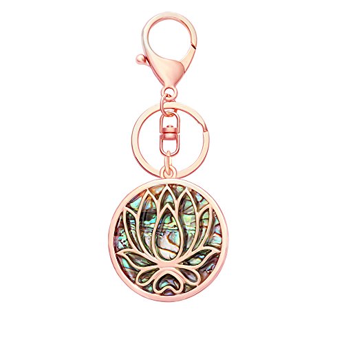 SENFAI Lotus Flower Natural Abalone Shell Keychain Length 3.6" (Rose Gold)