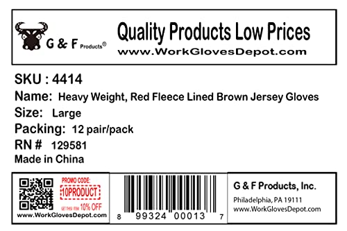 G & F 4414L-Dz Brown Jersey Winter Work Gloves With Red Fleece Lining, Large, 12-Pair #TOP1