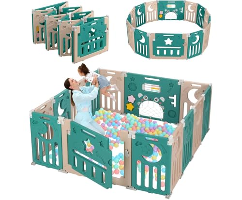 Baby Playpen, Dripex Baby Playard for Babies and Toddlers, 14-Panel Foldable Playpen Adjustable Portable Play Area, Indoor/Outdoor Kids Active Center with Game Panel & Safety Gate, Green White