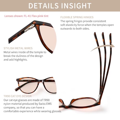 Image of Indoor FL-Flex Fluorescent-41 Light Pink Tinted Blue Light Blocking Glasses Cat Eye Migraine Light Sensitivity Photophobia Fluorescent LED Glare Women AB3311-Tortoise Frame 25% Light Rose Lens