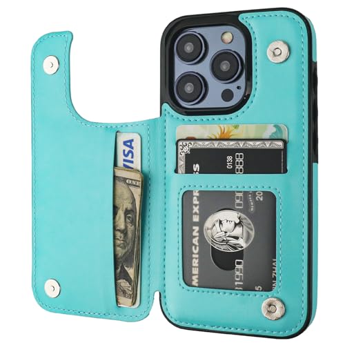 Étui portefeuille iPhone 15 Pro ONETOP en cuir bleu clair antichoc de 15,5 cm avec porte-cartes