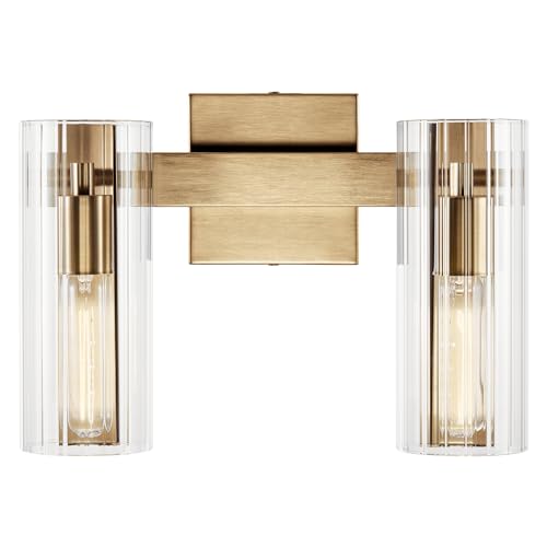 Image of Kichler Jemsa 2-Light Modern Bathroom Vanity Light Fixture with Clear Fluted Glass in Champagne Bronze for Bathroom or Powder Room Wall Mount (9.75 in x 13.75 in), 55167CPZ