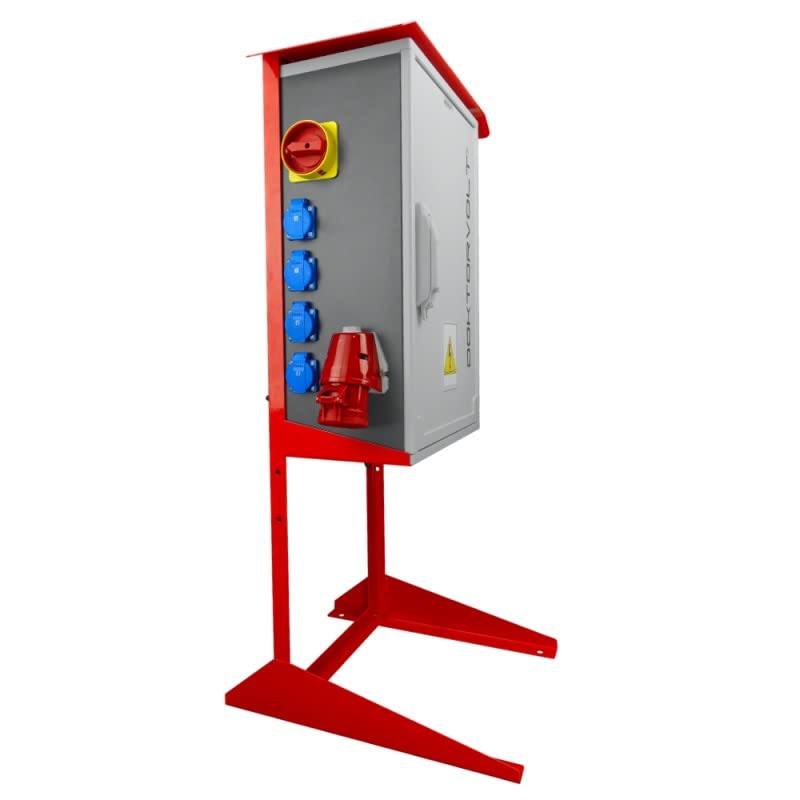 Baustromverteiler mit Ständer OS-S/FI Lasttrennschalter FI-Schalter, 2x32A, 1x16A CEE-Steckdose, 8x230V Schuko-Steckdose Stromverteiler IP44 Doktorvolt