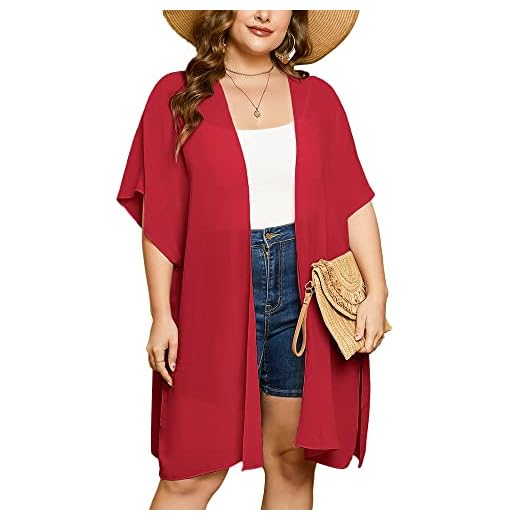 AusLook Plus Size Cardigan for Women Red 1X Draped Open-Front Lightweight Casual Soft Drape Summer Fall Winter Kimonos Cardigans