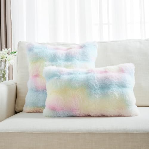FUTEI Rainbow Decorative Throw Pillow Covers 18x18 Inch Set of 2,Soft Fuzzy Faux Rabbit Fur Cushion Covers with Raised Texture,Neutral Boho Home Decor for Couch Bed Living Room