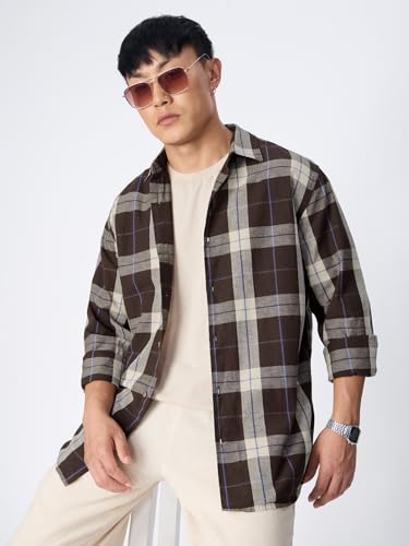 Image of The Souled Store: Blue Sails Men and Boys Long Sleeve Collared Neck Button Front Blue and Cream Checked Embroidered Regular Fit Cotton Linen Shirt