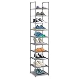 Vertikales Schuhregal mit 10 Ebenen, schmales Schuhregal, freistehender, Stabiler, stapelbarer Schuhregal-Organizer, Schuhregal aus Vliesstoff und Metall für Eingangsbereich, Schlafzimmer, Grau