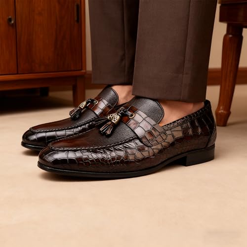 Men's Leather Tassel Loafers Classic Leather Crocodile Print Penny Loafers Formal Dress Shoes for Men Slip-On Driving Moccasins for Wedding & Party, Black, 7 by GOLDEN COXES FAMILY - Image 3