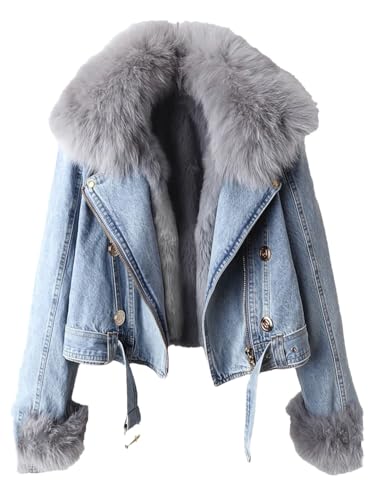 Ownwfeat Damen Jeansjacke Mit Pelzkragen Und Knöpfen, Kurzer Jeansmantel