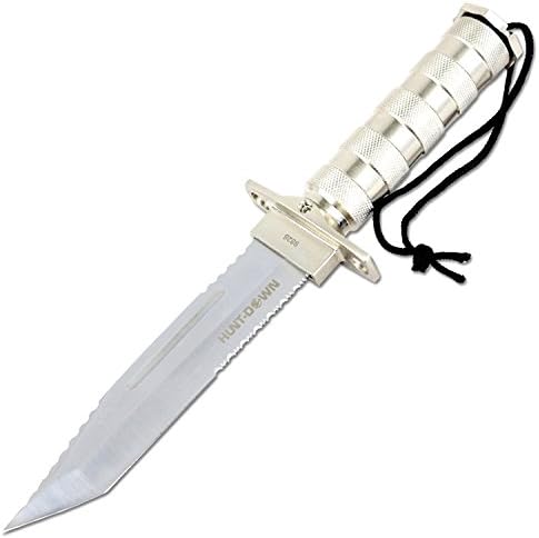 HUNT-DOWN 12" Chrome Color Fixed Blade Survival Knife - Survival Kit & Compass
