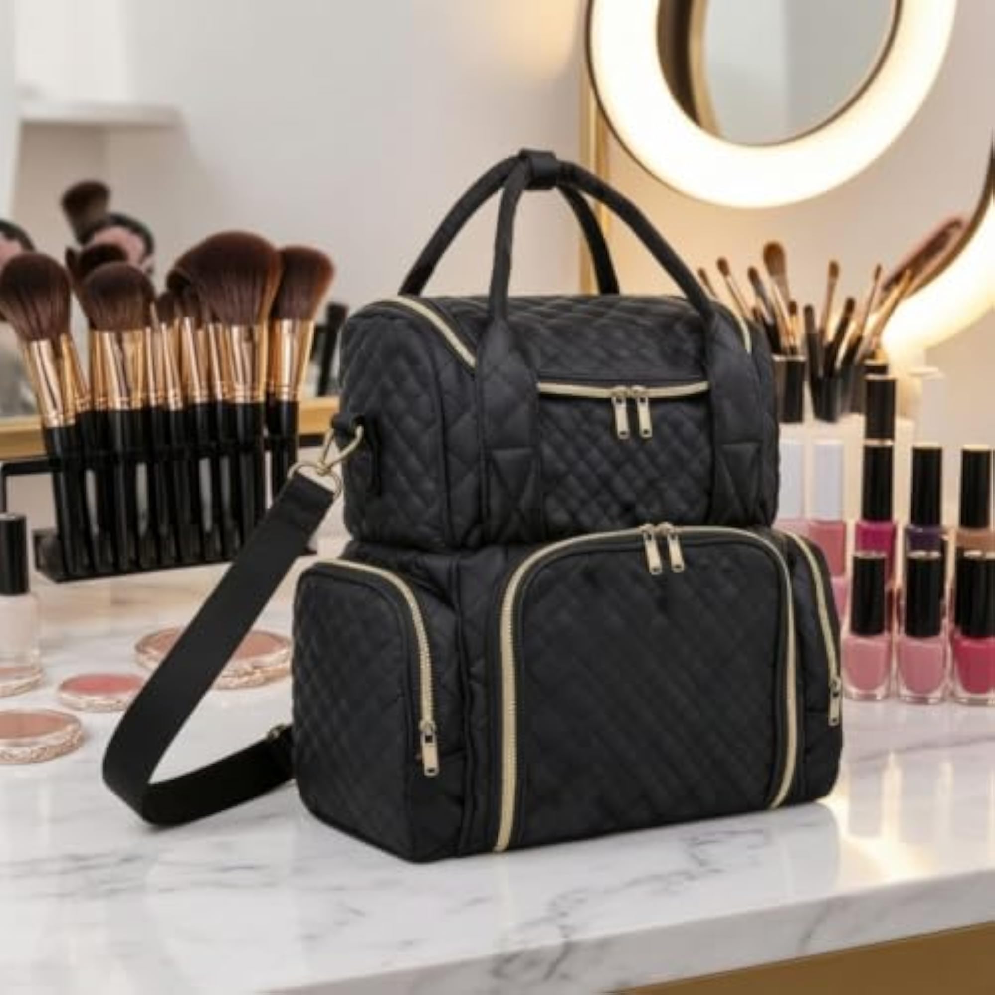 Structured Travel Makeup Bag with Handle, Padded Case
