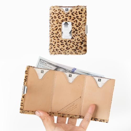 Image of LLH Leather Trifold Wallet - RFID Blocking with Stainless Steel Locking Clip Wallet, Minimalist Front Pocket RFID Blocking Credit Card Holder (Leopard)