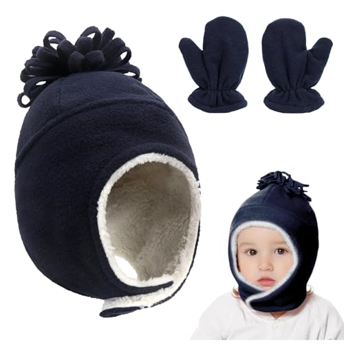 Gorro Guantes Set Invierno, 2 in 1 Bonito Cálido Gorro de Punto con Pompón, Sombrero De Invierno Para Niño, Niña, Térmico Grueso Beanie con Forro Polar Regalo para Unisex Bebé 1-4 Años