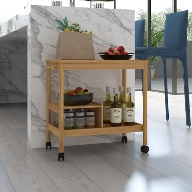 Bamboo Kitchen Rolling Cart w/Wheels, 3 Tier Bamboo Rolling Utility Cart Microwave Stand on Wheels Small Coffee Cart Shelf Rack Organizer for Kitchen, Living Room, Office-2cwFtXYE