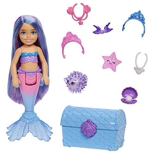 Barbie Poupée Chelsea Sirène (Cheveux Bleus et Violets) de Barbie Mermaid Power, avec 2 Animaux, Coffre au Trésor et Accessoires, Jouet Enfant, Dès 3 ans, HHG57