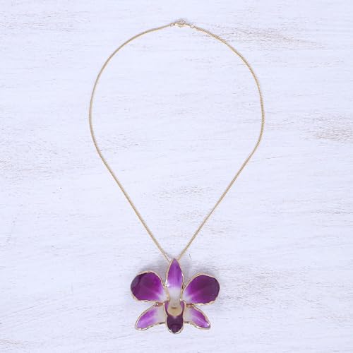 NOVICA Handmade .925 Sterling Silver 22k Gold accented Orchid Petal Pendant Necklace Crafted Plated Natural Flower Leaf Brass Thailand Floral 'Orchid Magic in Purple'2