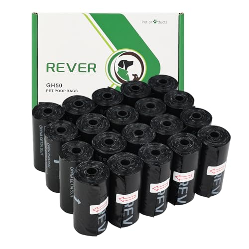 REVER GH50, 300 Pezzi Sacchetti Cane Cacca, Inodori, Forti e Prova di Perdite, 33x23 cm, Nero (20 Rotoli, 15 per Rotolo)