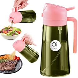 YARRAMATE 16oz/470ml Dark Green Oil Sprayer for Cooking with Stickers, Food-grade Premium 2 in 1 Olive Oil Dispenser Bottle for Kitchen Gadgets, Air Fryer, Salad, Frying, BBQ Pink
