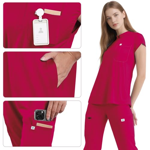Eipnare Scrubs for Women Set - Cool Stretch Scrub Top & Jogger Pants with 11 Pockets Breathable Nursing Uniform Scrub Suit