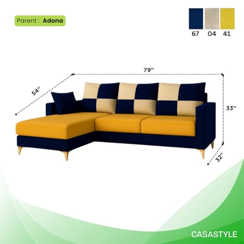 Image of CASASTYLE Brogan 4 Seater Fabric LHS L Shape Sofa Set (Yellow-Dark Blue) in Premium Velvet Finish | Durable Comfort | Ideal for Living Room