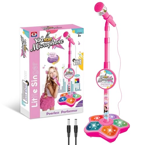 Kids Microphone and Stand Adjustable Height Microphone Stand for Kids with Flashing Stage Lights Stand Up Kid Karaoke Machines for Girls Boys Birthday Gift Party Pastime(Pink)