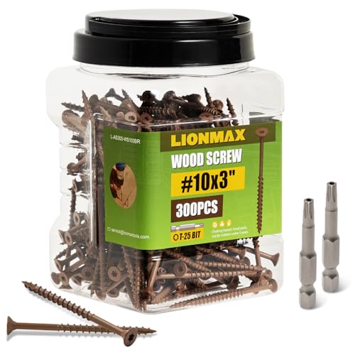 Image of LIONMAX Wood Screws 3 Inch, Deck Screws #10 x 3, 300 PCS, Rust Resistant, Epoxy Coated, Exterior Wood Screw, Outdoor Decking Screws, Torx /Star Drive Head, T25 Star Bit Included, Brown