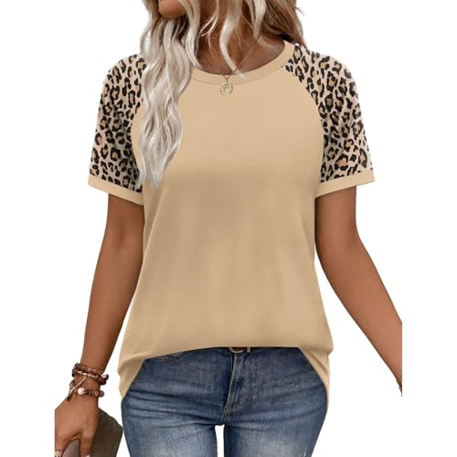 Tee Shirt Femme éTé T-Shirt Col Rond LéOpard Imprimé Manches Courtes Blouse éLéGant Top Haut Femme (Kaki, L)