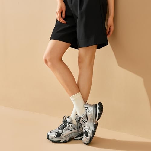 Image of BEAU TODAY Chunky Sneakers for Women, Womens Fashion Sneakers, Lightweight Leather Sneakers for Women, Comfortable Casual Lace-Up Breathable Dad Shoes