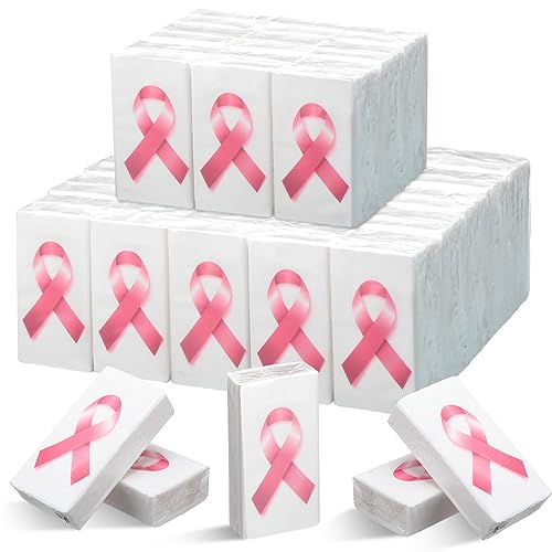 Tenceur 50 Pcs Breast Cancer Awareness Tissue Paper Pink Ribbon Pocket Tissue Mini Facial Tissue Bulk 4 Ply Pocket Tissue White Facial Travel Tissue Pack for Cancer Survivor Gift Women(White)
