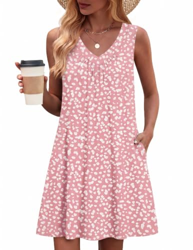 Image of Zeagoo Summer Dresses for Women 2026 Sleeveless Dress V Neck Tank Dress Pleated Floral Tshirt Sundresses with Pockets