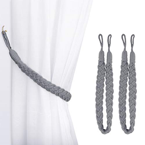 Lewondr Curtain Rope Buckle, 2 Pieces Cotton Knitted Knot Braided Window Curtain Tiebacks Decorative Drapes Holdback for Living Room, Bedroom, Cafe - Light Gray