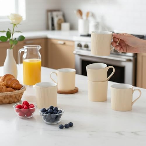 Image of Clay Craft Premium Fine Ceramic Coffee & Tea Mug Set with Elegant Gold Line Rim| Modern Ribbed Ivory Finish| Durable Build| Stylish Design for Home| Office & Gifting (240 Ml)
