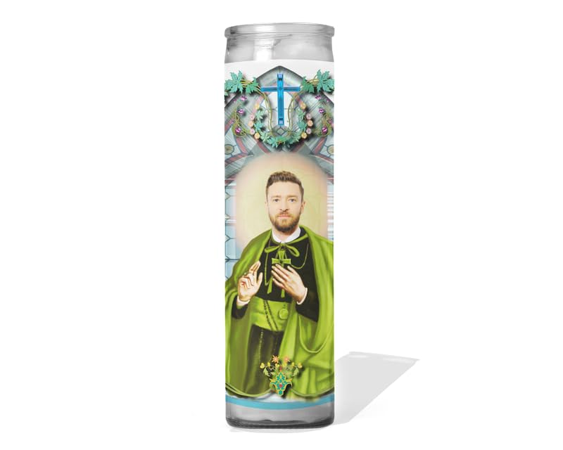 - Saint Justin Patron Saint of Timberlake - Celebrity Prayer Candle : Unscented | 8 inch Glass Prayer Votive - Handmade in USA | Funny Gift Idea