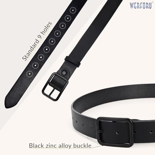 WERFORU Women Classic Black Leather Belt With Square Silver Buckle For Jeans Pants,1.3" width3