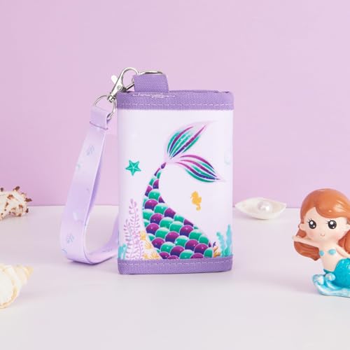 Kids Wallet - Mermaid Wallet for Girls Ages 4-12 Trifold Toddler Wallet with Lanyard Zippered Coin Pocket Card Holders Wallets Kids Purse Wallet Women Christmas Birthday Gift for Children2