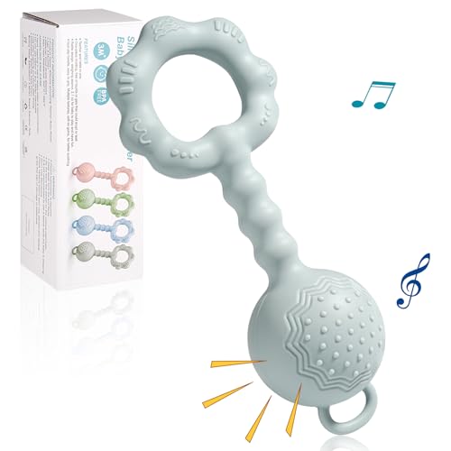 Babyspielzeug 0-6 monate - Tikplus Montessori Baby Rassel und Beißring, BPA-frei Silikon Greifling Baby Sensorik Feinmotorik Spielzeug, Zahnungshilfe für 3+ Monate Junge, Mädchen (Grün)