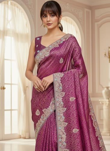 Image of Glory Sarees Women's Pure Soft Silk Banarasi Saree Traditional Embroidery Paisley Border With Blouse Piece (Qualamkars 103 Parent A)