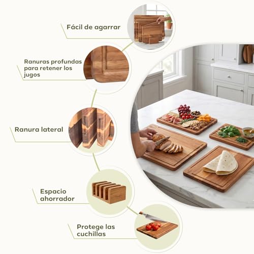 Miniatura 4 de Ribech Set De Tablas De Cortar 4 Piezas De Madera De Acacia Sólida Con Soporte 40x30cm 33x24cm 26x18cm 21 X 15 Cm Tablas De 2cm De Grosor Con Surco