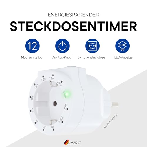 SCHWAIGER Steckdosen Timer Countdown Zwischenstecker Zeitschaltuhr Steckdose Zeitschalter mit LED Anzeige 12 Zeitstufen 230 V Energie sparen automatische Abschaltung digital Schutzkontakt