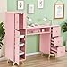 AWEPOPI Pink Nail Table for Nail Tech, Nail Desk for Nail Tech, Manicure Table Nail Station for Makeup Beauty Spa Salon, w/2 Hand Rest, Pull-Out Storage Tray, 3-Tiers Shelves, Golden Legs