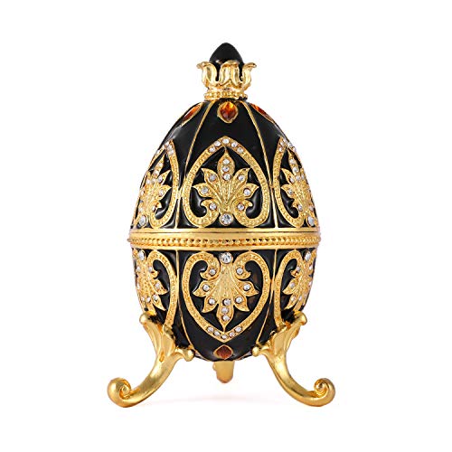 Furuida Trinket Box with Hinged Black Easter Egg Enameled Jewelry Box Classic Ornaments Metal Craft Gift for Home Decor