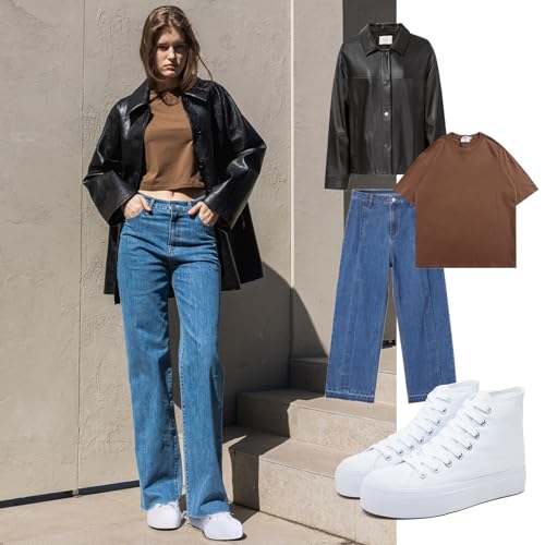 Image of FRACORA Womens High Top Canvas Shoes White Black Platform Sneakers Lace Up Shoes for Women