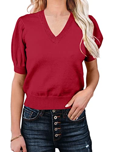 Image of Womens V-Neck Puff Short Sleeve Casual Sweaters Lightweight Comfortable Knit Pullover