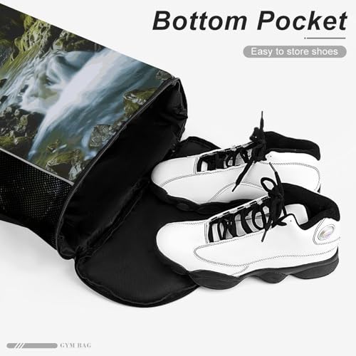 Drawstring Gym Backpack with Shoe Compartment And Wet Pocket, 28L Lightweight Waterproof Waterfall Landscape Painting Sports Backpack for Workout Swim Beach Travel String Bag for Men Women4