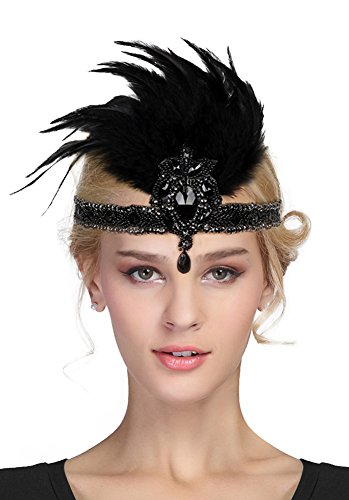 Women's Vintage 1920s Great Gatsby Flapper Headband Feather Wedding Party Headpiece (#1 Black)