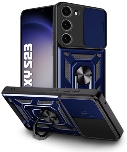 Image of WOW IMAGINE Tough Armor Bumper Mobile Back Case for Samsung Galaxy S23 5G | Sliding Camera Shield Cover | Shock Proof 360 Protection | Hybrid PC + TPU | Ring Holder with Kickstand - Blue