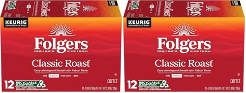 Folgers Classic Roast Medium Roast Coffee, 12 Keurig K-Cup Pods (Pack of 2)