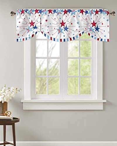 Tie Up Valance for Kitchen Windows, Memorial Day Patriotic Star Fireworks Tie-up Curtain Shade Valances 42"x18" 1 Panel Rod Pocket Short Curtains Window Treatment for Living Room Blue Red White