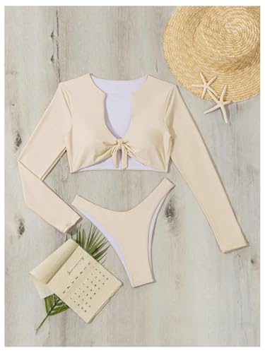 OYOANGLE Women's 2 Piece Long Sleeve Swimsuits Tie Front Crop Rash Guard Swimsuits Swimwear4